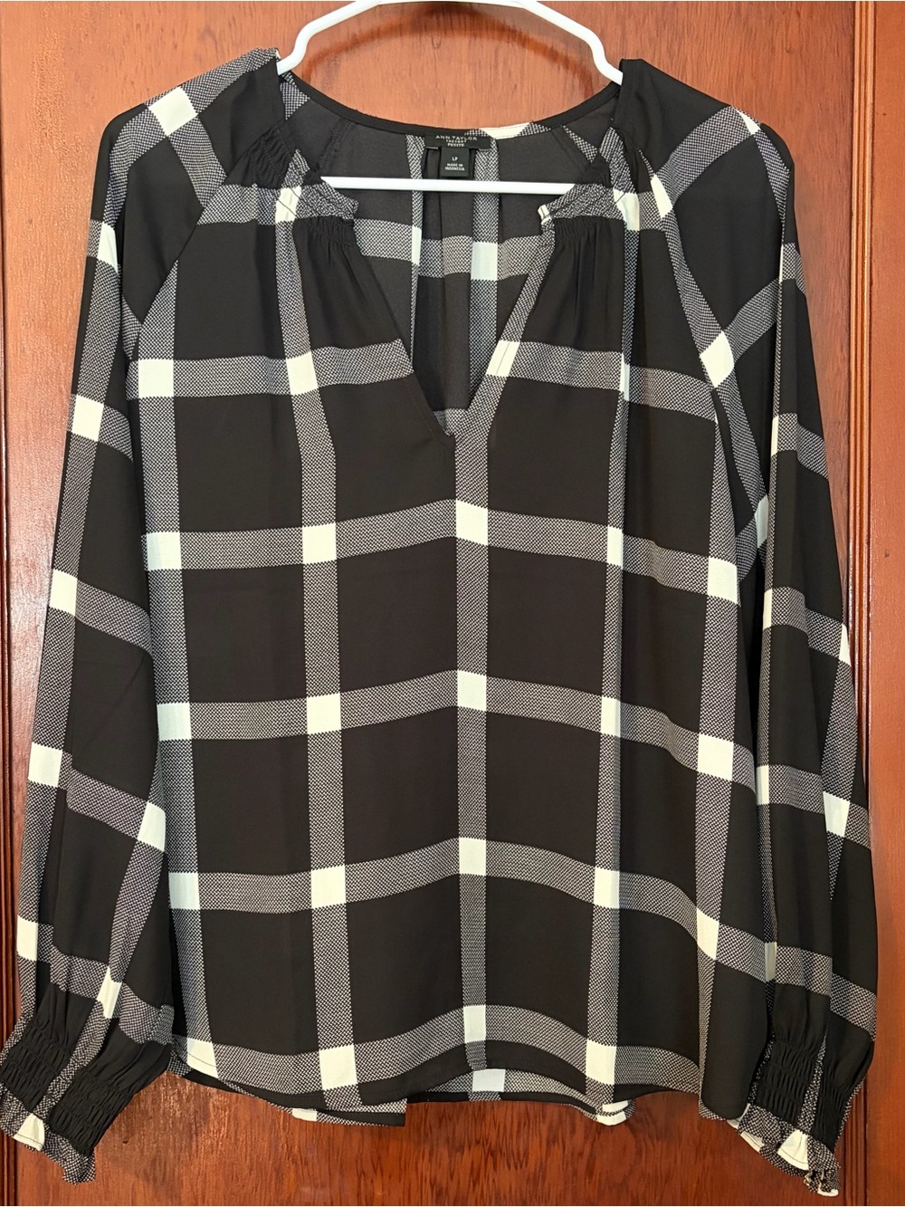 Ann Taylor Black and White Plaid Split-Neck Blouse